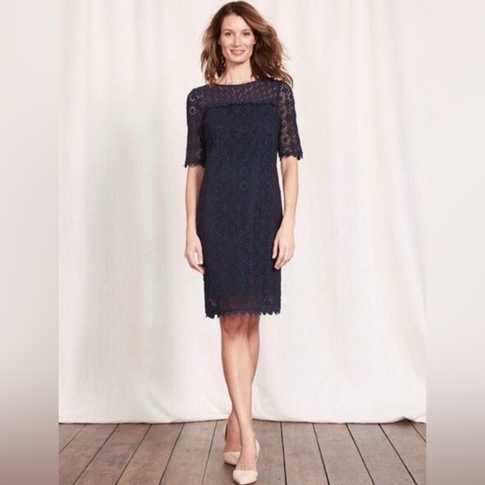 Boden Poppy Lace Shift Dress Navy Cotton Lined Preppy Mod Wedding Guest US 8